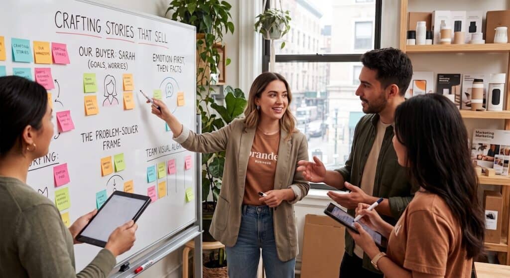 Small business marketing team collaborating on brand storytelling and buyer personas around a whiteboard filled with sticky notes.