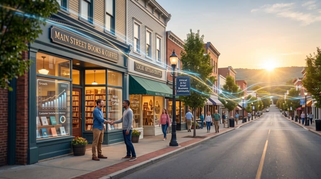 Small business owner handshake with AI data visualization overlay on bookstore window at sunset